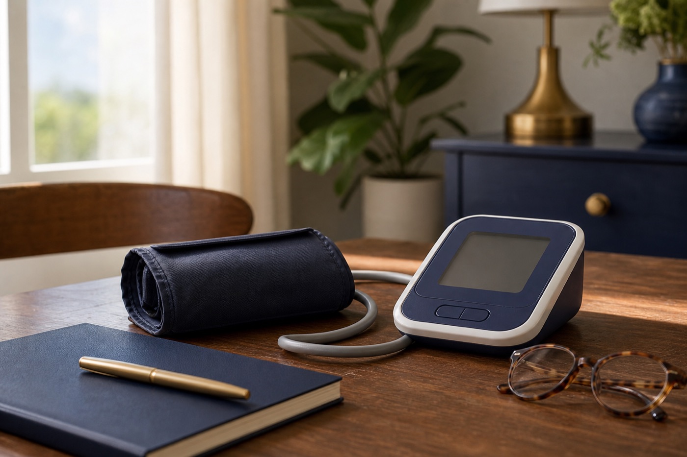 An upper-arm blood pressure cuff and its monitor resting on a wooden dining table beside a notebook and reading glasses, lit by soft morning window light.