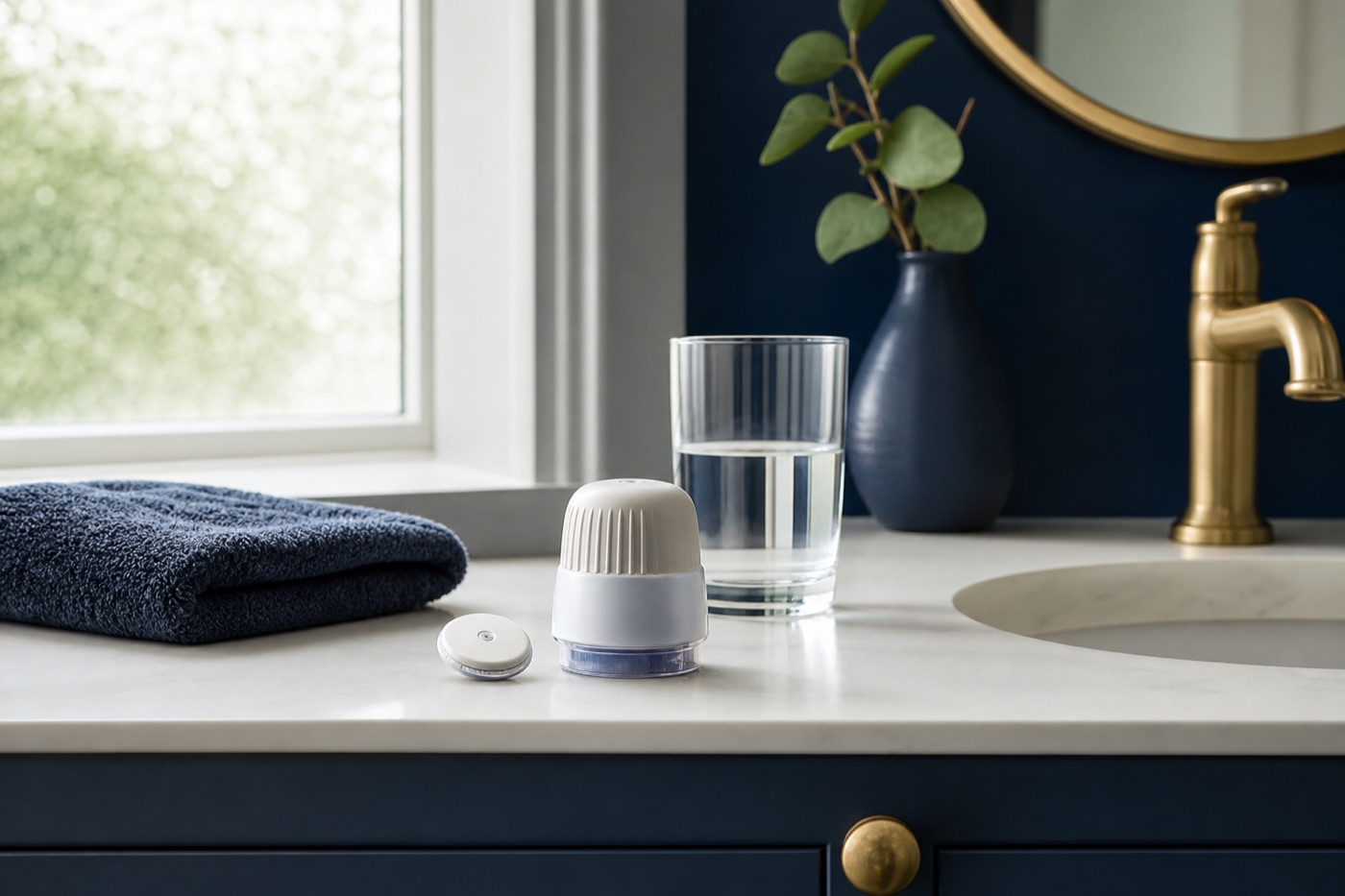 A small round glucose sensor and its applicator sit on a white bathroom counter beside a folded hand towel and a glass of water, in soft daylight from a frosted window.
