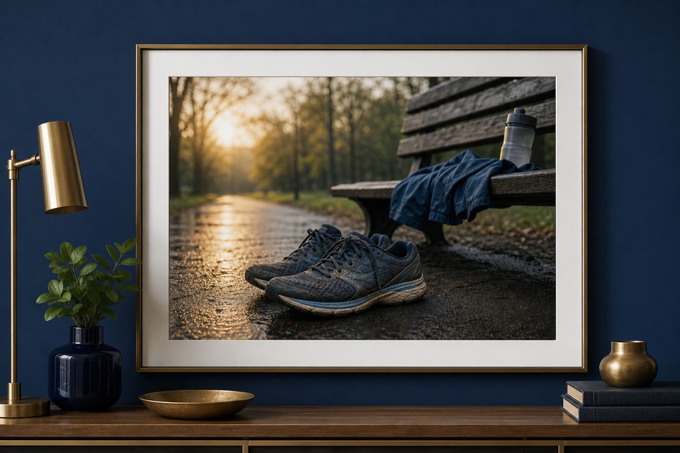 A pair of worn running shoes on a wet park path at sunrise, with a water bottle and a folded windbreaker on a wooden bench in the background.