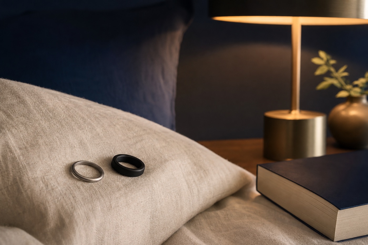 A thin titanium ring and a matte black ring rest on a linen pillowcase beside a closed paperback and a bedside lamp, in warm low evening light.