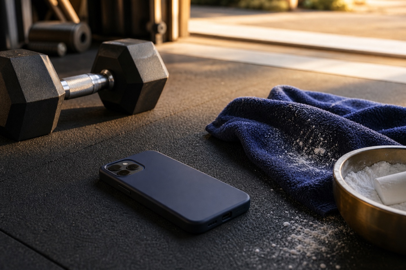 A phone face down on a rubber gym floor beside a pair of hex dumbbells and a chalk-dusted towel, lit by warm late-afternoon light through a garage door.